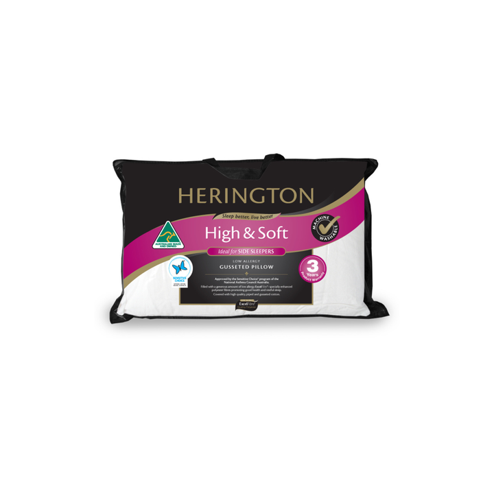 A Herington High & Soft pillow shown in its retail packaging against a plain white background.